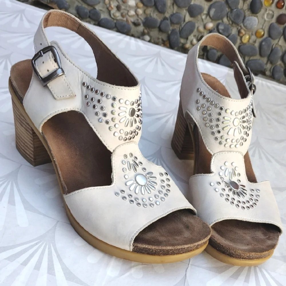 Women’s White Studded Leather Block Heel Sandals